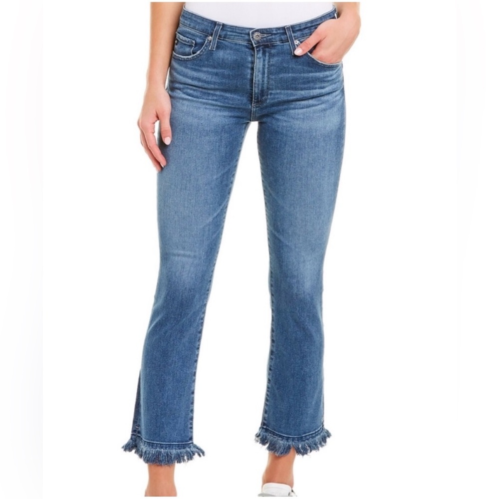 AG The Jodi Crop High-Rise Slim Fit Jean with Fringe in Light-Medium Blue Fade